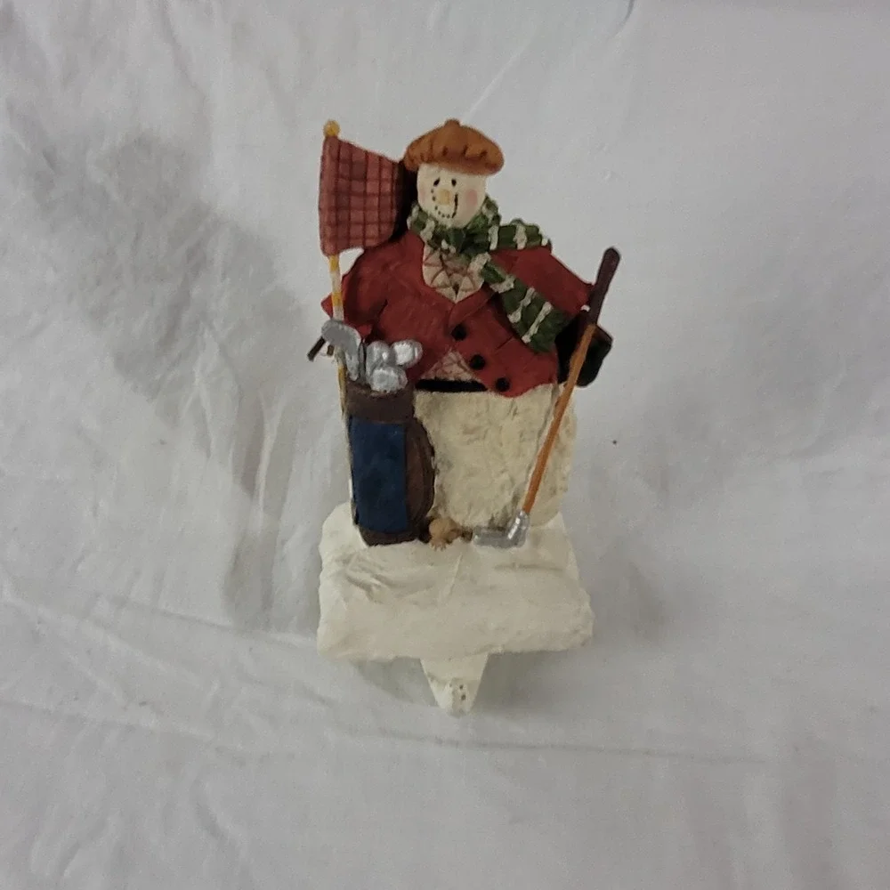Snowman Golfer Christmas Stocking Holder Resin Holiday Mantel Decor Red Jacket